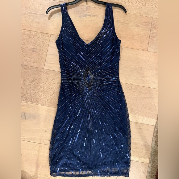 Aidan Mattox blue sequined mini dress. - Picture 2 of 3
